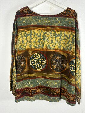 Vintage 90s Carole Little Womens German Rayon Brown Green Boho Top Size 10 USA
